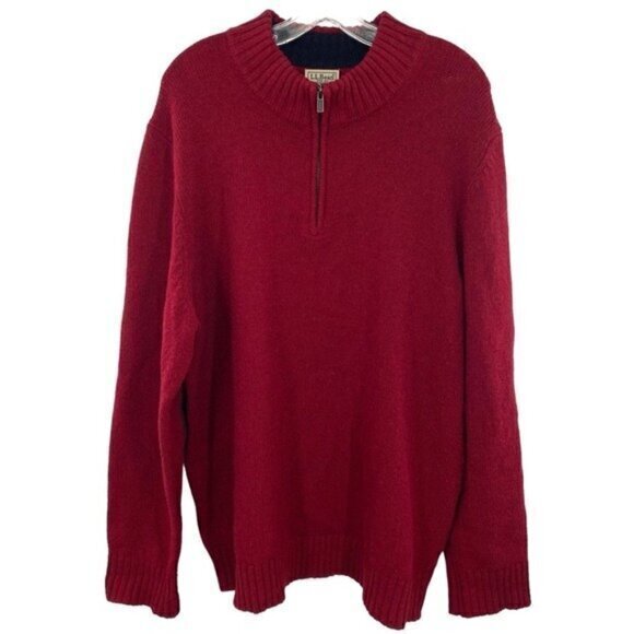 L.L. Bean Men's Red Shetland Wool Quarter Zip Patched Elbow Pullover Sweater
